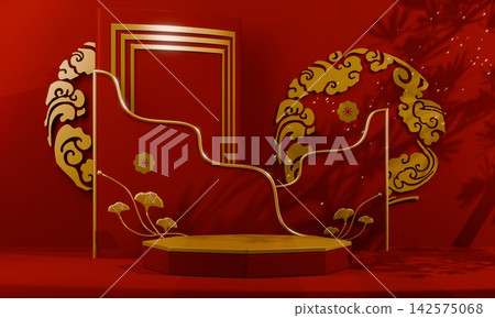 Hexagon Red and golden Chinese concept, red wedding style with display stand ,stage podium chinese for present products.3D rendering Hexagon Red and golden Chinese concept, red wedding style with display stand ,stage podium chinese for present products.3D rendering 142575068