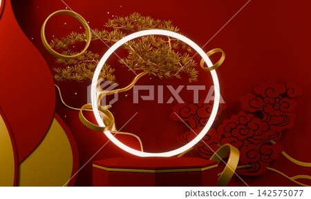 Hexagon Red and golden Chinese concept, red wedding style with display stand ,stage podium chinese for present products.3D rendering Hexagon Red and golden Chinese concept, red wedding style with display stand ,stage podium chinese for present products.3D rendering 142575077