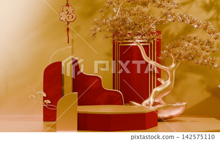 Hexagon Red and golden Chinese concept, red wedding style with display stand ,stage podium chinese for present products.3D rendering Hexagon Red and golden Chinese concept, red wedding style with display stand ,stage podium chinese for present products.3D rendering 142575110
