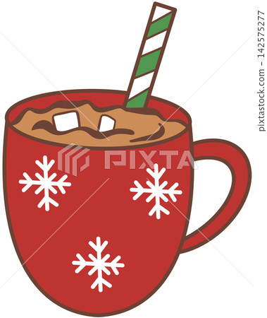 Red Christmas mug of hot chocolate with marshmallows and straw 142575277