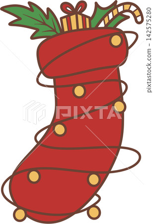 Red Christmas stocking wrapped in fairy lights with gifts Red Christmas stocking wrapped in fairy lights with gifts 142575280