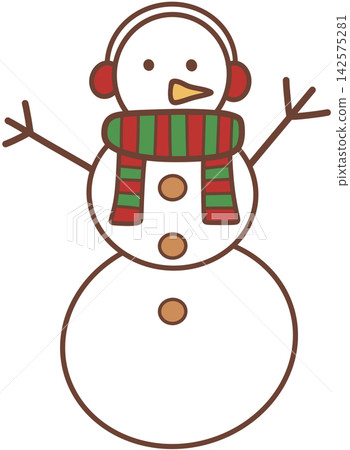 Cute winter snowman wearing earmuffs and striped scarf Cute winter snowman wearing earmuffs and striped scarf 142575281