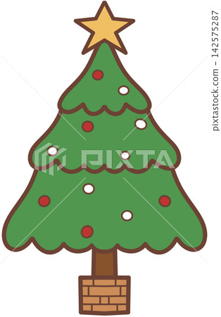 Decorated green Christmas tree with star and ornaments Decorated green Christmas tree with star and ornaments 142575287