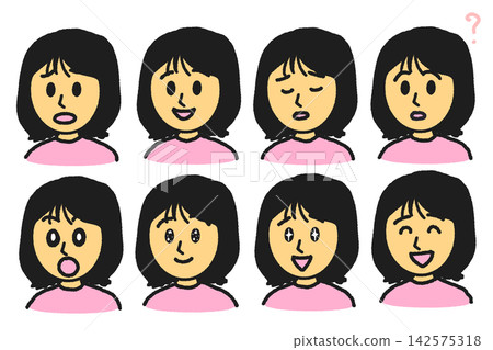 一套包含8種不同女性臉部表情的圖片。 一套包含8種不同女性臉部表情的圖片。 142575318