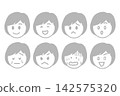 A set of 8 monochrome icons featuring different female facial expressions. 142575320