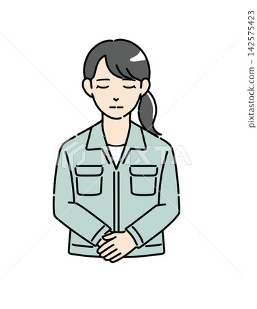 Illustration of a young woman in work clothes bowing with her hands clasped (2) Illustration of a young woman in work clothes bowing with her hands clasped (2) 142575423
