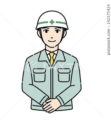 Illustration of a young male worker bowing with his hands clasped. Illustration of a young male worker bowing with his hands clasped. 142575424
