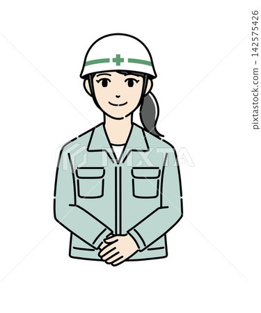 Illustration of a young female worker bowing with her hands clasped. Illustration of a young female worker bowing with her hands clasped. 142575426