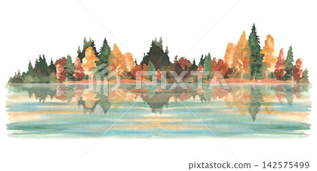Autumn lake landscape with fall mixed forest of green coniferous and golden orange deciduous trees reflected in calm water. Realistic hand-painted watercolor illustration isolated on white background. Autumn lake landscape with fall mixed forest of green coniferous and golden orange deciduous trees reflected in calm water. Realistic hand-painted watercolor illustration isolated on white background. 142575499