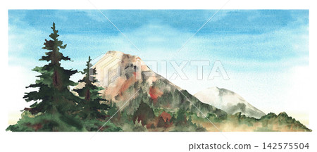 Mountain landscape with evergreen trees, autumn forest and blue sky. Watercolor painted fall woods. Evergreen coniferous and colorful foliage of deciduous trees . Isolated from background illustration Mountain landscape with evergreen trees, autumn forest and blue sky. Watercolor painted fall woods. Evergreen coniferous and colorful foliage of deciduous trees . Isolated from background illustration 142575504