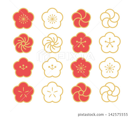 A set of cute Japanese-style decorative illustrations featuring red and white plum blossoms, auspicious Japanese patterns. 142575555