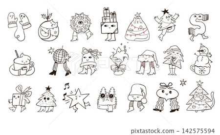 Hand-drawn Christmas character collection with cute cats, Christmas trees, snowman, star and other Hand-drawn Christmas character collection with cute cats, Christmas trees, snowman, star and other 142575594