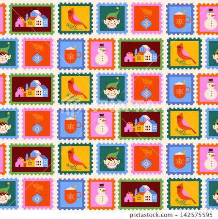 Colorful Christmas postage stamps seamless pattern. Flat geometric illustrations of winter village Colorful Christmas postage stamps seamless pattern. Flat geometric illustrations of winter village 142575595