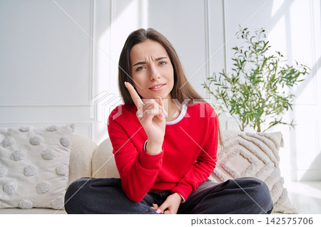 Web camera view of teenage girl talking looking in camera, online meeting, video call 142575706