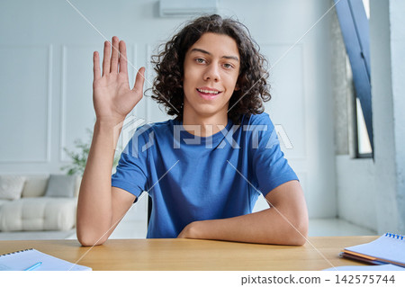 Happy teen boy waving hand at camera during video call Happy teen boy waving hand at camera during video call 142575744