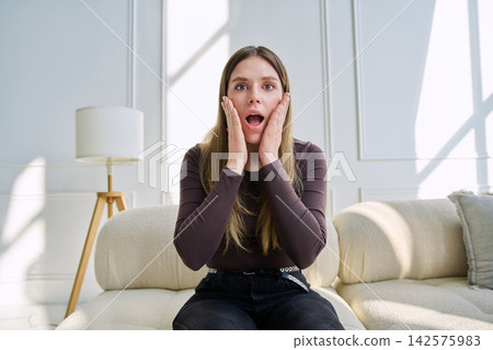 Web cam view of surprised young woman talking looking in camera, online meeting, video call Web cam view of surprised young woman talking looking in camera, online meeting, video call 142575983