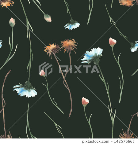 Watercolor Autumn wildflower seamless pattern. Hand painted watercolor fall wild flowers and grasses, meadow herbs realistic floral botanical illustration on isolated dark background for fabric design Watercolor Autumn wildflower seamless pattern. Hand painted watercolor fall wild flowers and grasses, meadow herbs realistic floral botanical illustration on isolated dark background for fabric design 142576665
