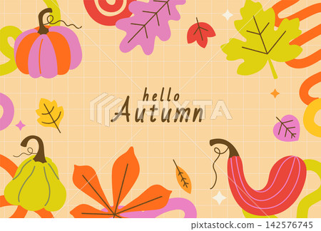 Greeting autumn card. Bright banner with fall hand drawn symbols - pumpkin, autumn colorful maple and oak leaves. Design for greetings, invitations, posters, print, web, sales. Vector illustration. 142576745
