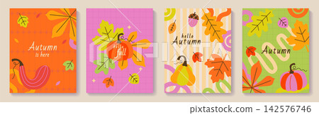 Set of bright greeting autumn flyers with hand drawn colorful pumpkins, acorns, autumn maple and oak leaves in childish style. Design for greetings, invitations, posters, print, web, sales. Vector Set of bright greeting autumn flyers with hand drawn colorful pumpkins, acorns, autumn maple and oak leaves in childish style. Design for greetings, invitations, posters, print, web, sales. Vector 142576746