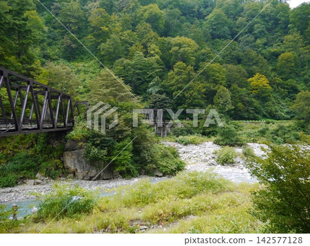 一座橫跨清新綠色山谷的橋樑 一座橫跨清新綠色山谷的橋樑 142577128