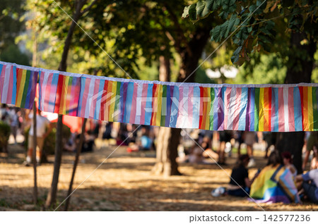 Rainbow Pride Bunting Decoration in Outdoor Park Rainbow Pride Bunting Decoration in Outdoor Park 142577236