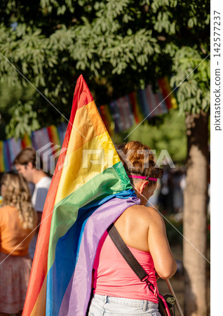 Belgrade Pride Protest March with Rainbow Flags Belgrade Pride Protest March with Rainbow Flags 142577237