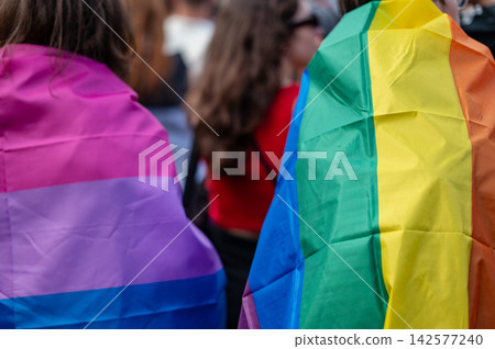 Belgrade Pride Protest March with Rainbow Flags Belgrade Pride Protest March with Rainbow Flags 142577240