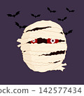 Spooky Halloween Mummy Face with Glowing Red Eyes and Bats 142577434