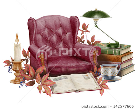 Hand Painted Watercolor Cozy Autumn Library with Vintage Armchair, Books and Autumn Leaves, Clipart, Dark Academia Illustration PNG Hand Painted Watercolor Cozy Autumn Library with Vintage Armchair, Books and Autumn Leaves, Clipart, Dark Academia Illustration PNG 142577606
