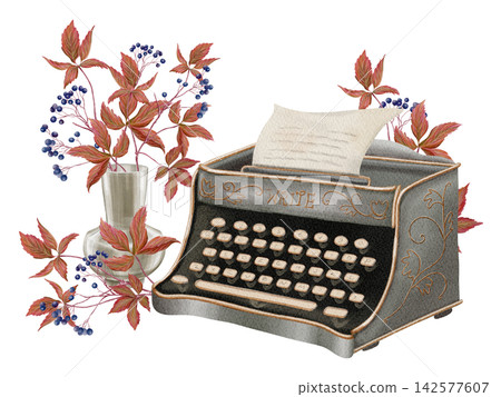 Hand Painted Watercolor Cozy Autumn Library with Vintage Typewriter, Autumn Leaves and Vase, Dark Academia Clipart PNG Hand Painted Watercolor Cozy Autumn Library with Vintage Typewriter, Autumn Leaves and Vase, Dark Academia Clipart PNG 142577607