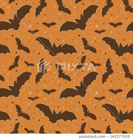Seamless Pattern Cute Halloween Flying Bats Hand Painted Digital Watercolor Orange Background Seamless Pattern Cute Halloween Flying Bats Hand Painted Digital Watercolor Orange Background 142577850