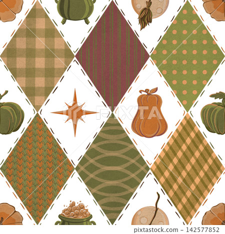 Seamless Pattern Cute Halloween Argyle Hand Painted Digital Watercolor PNG Transparent Background 142577852