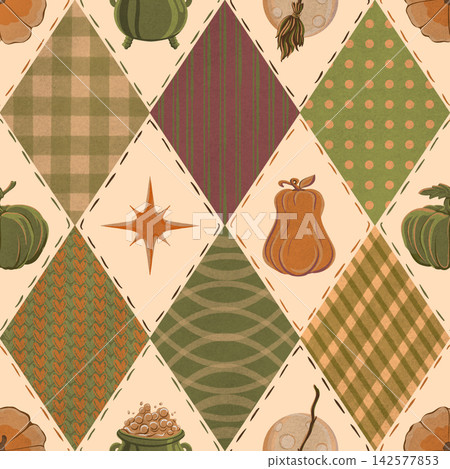 Seamless Pattern Cute Halloween Argyle Hand Painted Digital Watercolor Yellow Background Seamless Pattern Cute Halloween Argyle Hand Painted Digital Watercolor Yellow Background 142577853