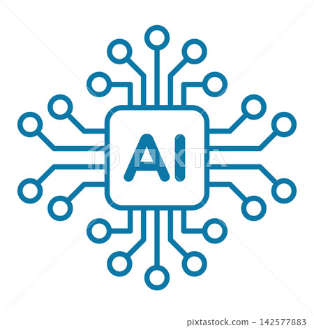 Blue Line Art Artificial Intelligence Microchip Vector Icon with Circuit Node Connections Blue Line Art Artificial Intelligence Microchip Vector Icon with Circuit Node Connections 142577883