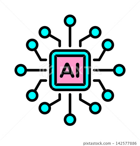 Pink Green Artificial Intelligence Microchip Vector Icon with Circuit Node Connections Pink Green Artificial Intelligence Microchip Vector Icon with Circuit Node Connections 142577886