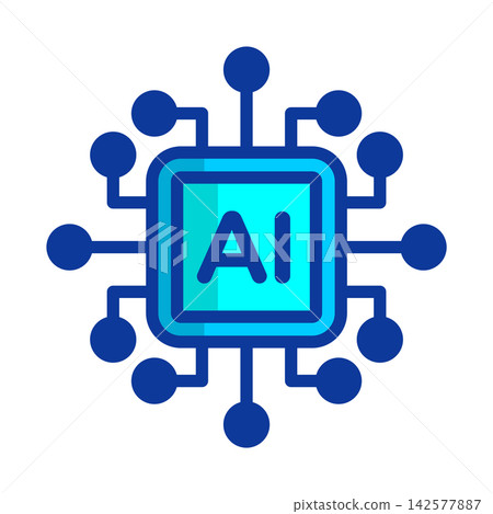 Blue Scheme Artificial Intelligence Microchip Vector Icon with Circuit Node Connections 142577887