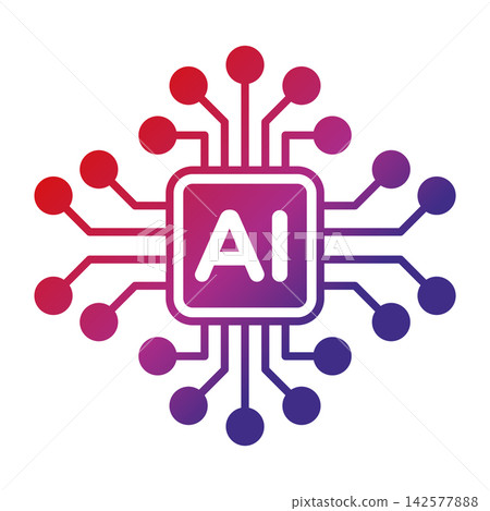 Gradient Artificial Intelligence Microchip Vector Icon with Circuit Node Connections 142577888