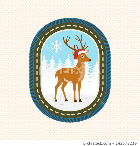 Christmas Scout Reindeer Badge with Snowy Pine Forest and Snowflakes, Vintage Embroidered Winter Outdoor Patch. Vector Scout Merit patch Christmas Scout Reindeer Badge with Snowy Pine Forest and Snowflakes, Vintage Embroidered Winter Outdoor Patch. Vector Scout Merit patch 142578239