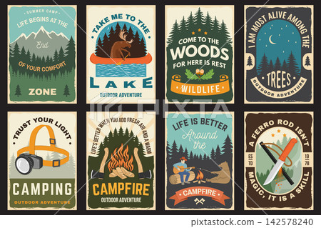 Vintage Camping Posters Set, Campfire Wilderness Hiking and Outdoor Adventure Typography Collection. Vector posters 142578240