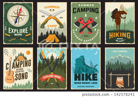 Vintage Summer Camping Posters Set, Outdoor Adventure Hiking and Campfire Wall Art Collection. Vector posters Vintage Summer Camping Posters Set, Outdoor Adventure Hiking and Campfire Wall Art Collection. Vector posters 142578241