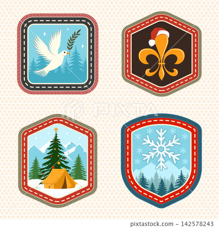 Christmas Scout Winter Badge Set with Dove, Fleur de Lis, Camping Tree and Snowflake, Vintage Embroidered Outdoor Patches. Vector Scout Merit patch Christmas Scout Winter Badge Set with Dove, Fleur de Lis, Camping Tree and Snowflake, Vintage Embroidered Outdoor Patches. Vector Scout Merit patch 142578243