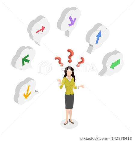 3D Isometric Flat Vector Illustration of Choosing The Right Path, Man Experiencing Confusion With Multiple Direction Arrows Unsure Of Decision Making. Item 1 3D Isometric Flat Vector Illustration of Choosing The Right Path, Man Experiencing Confusion With Multiple Direction Arrows Unsure Of Decision Making. Item 1 142578418