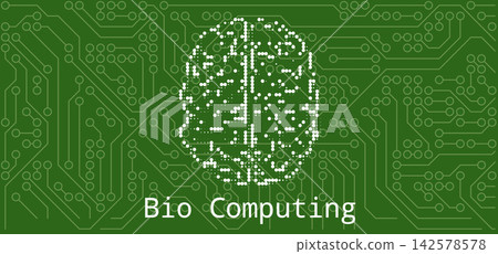 Bio Computing Concept with Digital Brain Made of Dots Formed by Circuit Board Pattern on Green PCB Background Bio Computing Concept with Digital Brain Made of Dots Formed by Circuit Board Pattern on Green PCB Background 142578578