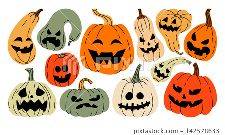 Hand drawn vector set of Halloween pumpkins and gourds with funny, spooky and expressive faces. Cartoon squash and zucchini lantern characters with festive vibe and playful atmosphere for fall designs Hand drawn vector set of Halloween pumpkins and gourds with funny, spooky and expressive faces. Cartoon squash and zucchini lantern characters with festive vibe and playful atmosphere for fall designs 142578633