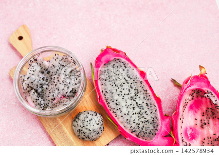 Pitaya fruit prepared for fruit balls and healthy dessert presentation Pitaya fruit prepared for fruit balls and healthy dessert presentation 142578934