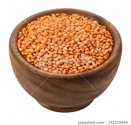Red lentils in wooden bowl isolated on white background with clipping path Red lentils in wooden bowl isolated on white background with clipping path 142578944