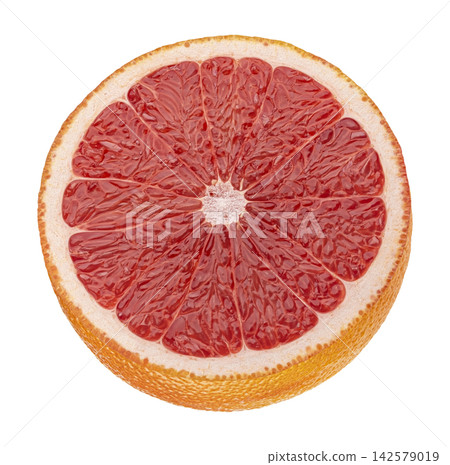 Grapefruit slice isolated on white background with clipping path, full depth of field 142579019