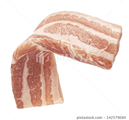 Raw pork belly slice isolated on white background with clipping path, full depth of field Raw pork belly slice isolated on white background with clipping path, full depth of field 142579084