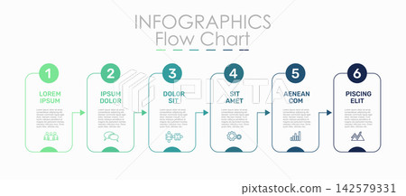 Six-step infographic flowchart template with colorful line blocks connected by arrows and thin icons. Vector illustration. Six-step infographic flowchart template with colorful line blocks connected by arrows and thin icons. Vector illustration. 142579331