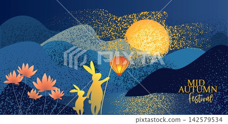 Mid Autumn Festival poster. Two rabbits sit in silhouette against large, shining full moon Mid Autumn Festival poster. Two rabbits sit in silhouette against large, shining full moon 142579534